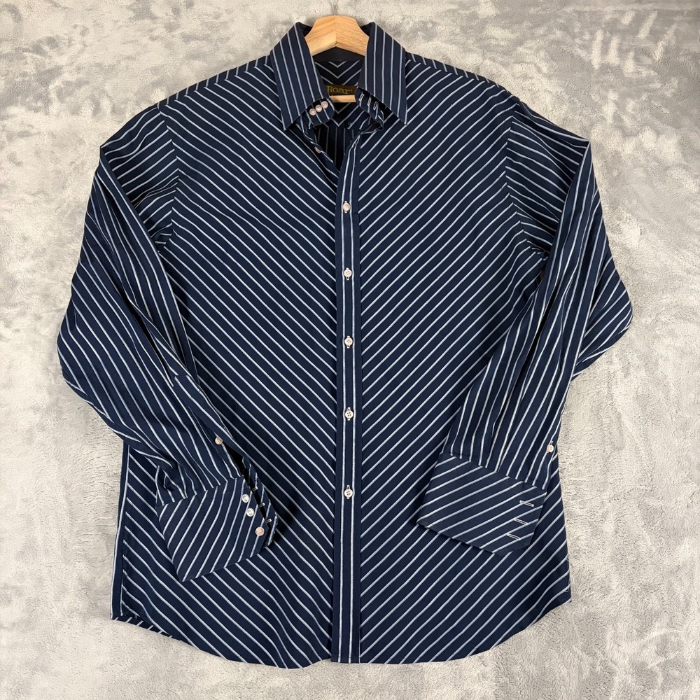Vintage Roar Mens XL Button Up Shirt Spread Collar Navy Stripe Retro Casual